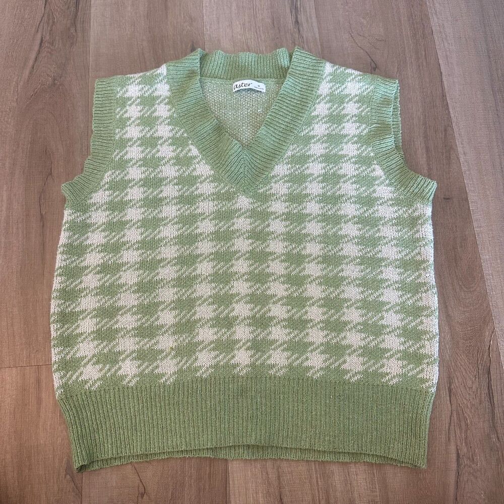 Women's M Green and White Houndstooth Sweater Vest by Aster